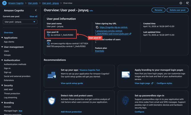 User pool overview — User pool ID