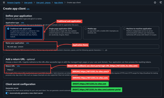 Create app client — type, callback URL, client secret